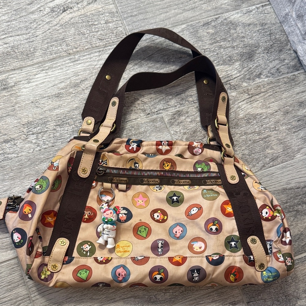 Tokidoki Lesportsac Beige Multi-Character Print Shoulder Bag with Brown Straps